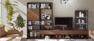 Composición para el salón con muebles para TV con librería y vitrinas incorporadas