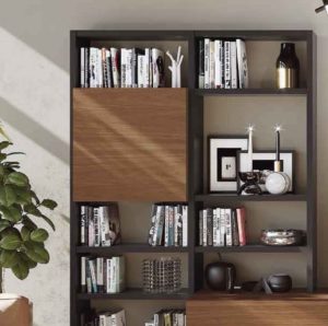 Composición para el salón con muebles para TV con librería y vitrinas incorporadas